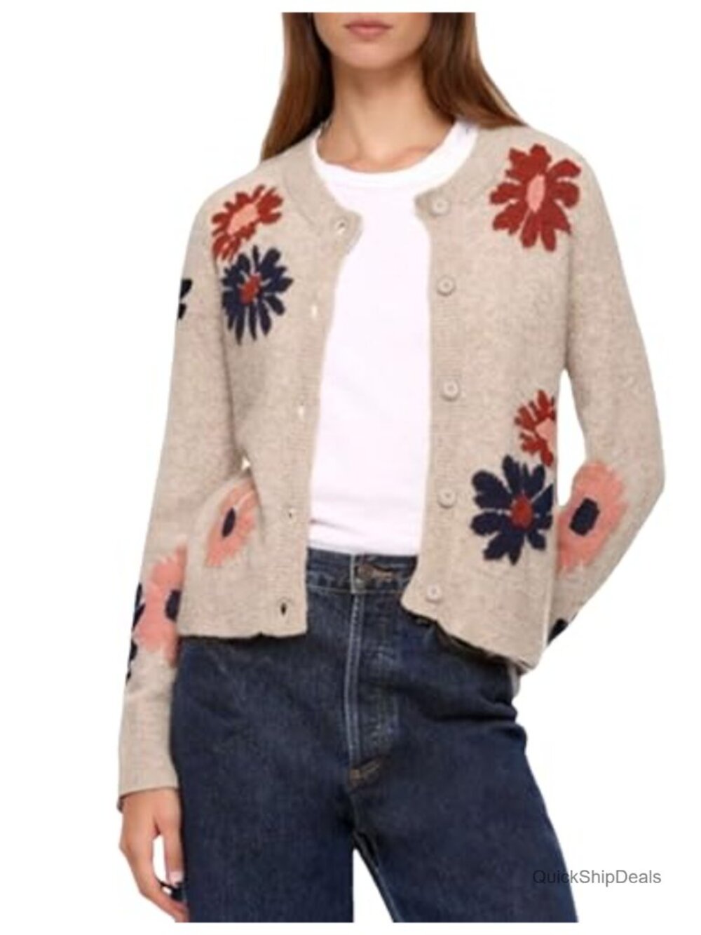 Cropped Button Down Cardigan Wool Blend Floral Long Sleeve